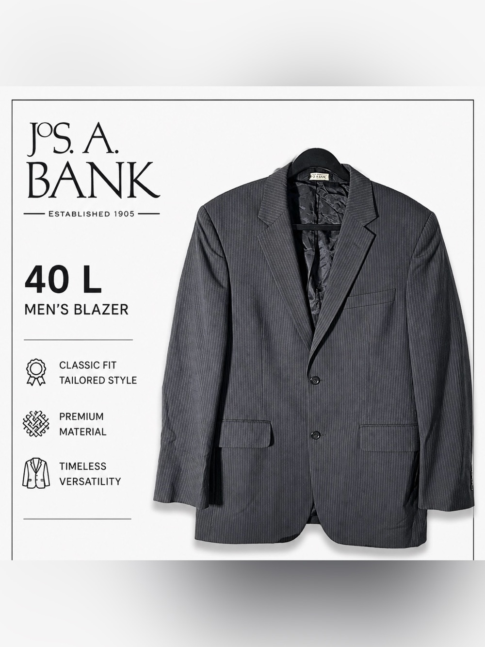 Jos. A. Bank Charcoal Pinstripe Sport Coat Blazer Mens 40L 2 Button Suit Jacket